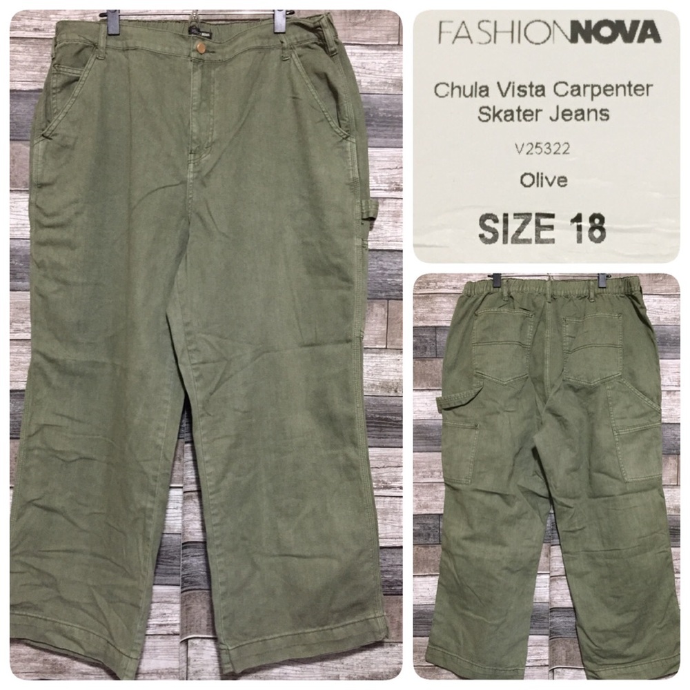 Fashion Nova Chula Vista Carpenter Skater Jeans Women’s 18 Olive Green Denim
